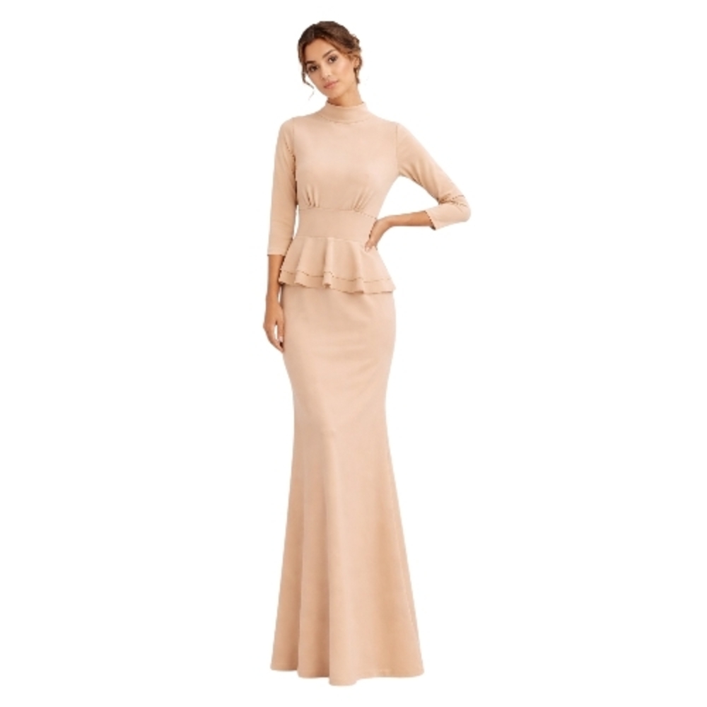 Chiara Boni Nude/Sand/Beige Italy Peplum Maxi Dress Stretch Fitted Elegant Gown - Picture 6 of 13